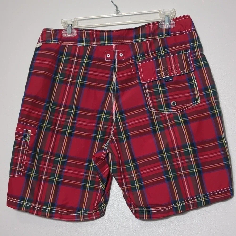 J. Crew Red Tartan Plaid Men's Swim Trunks‎ Board Shorts Size 33 Preppy Classic